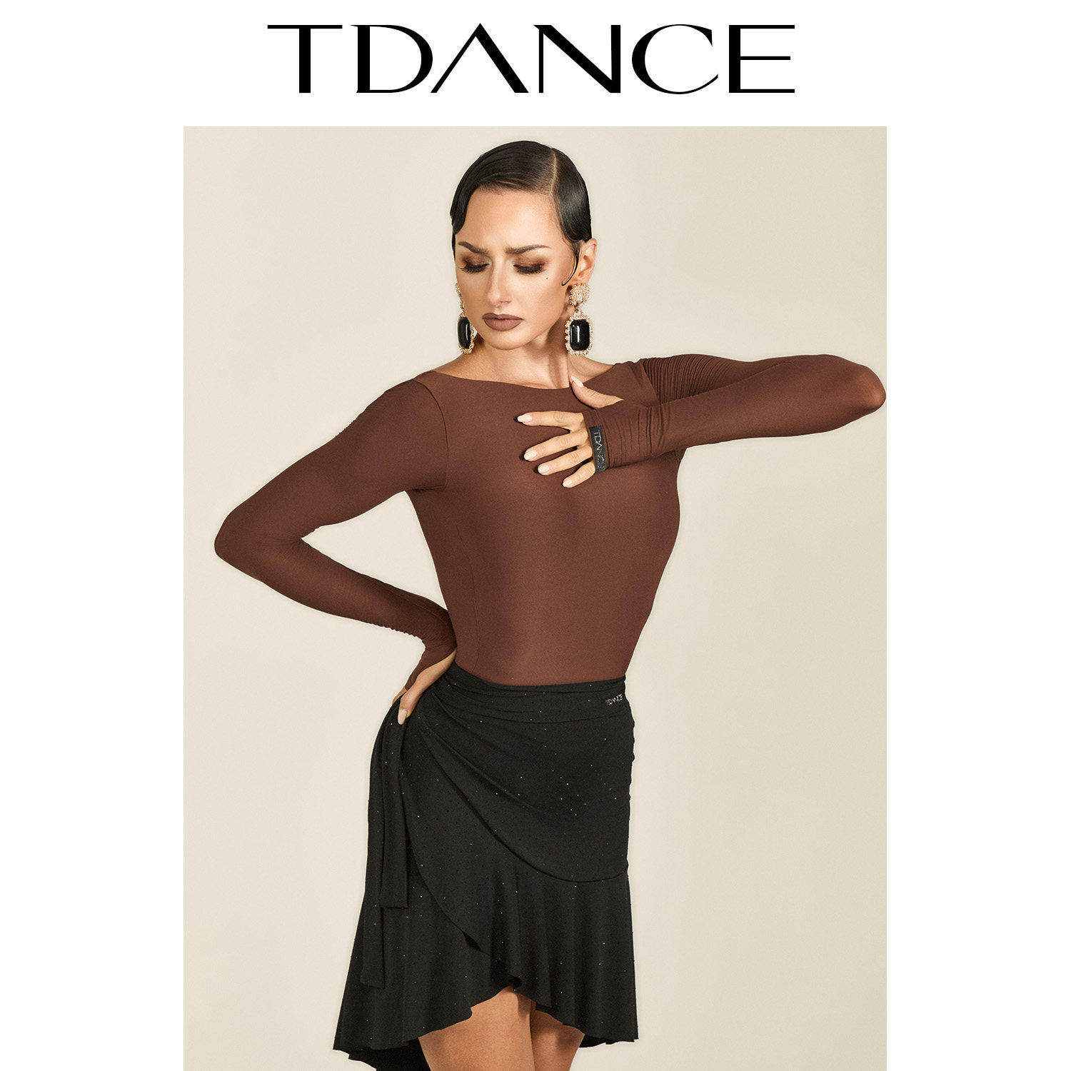 TDANCE拉丁练习女船型领长袖上衣烫钻一片式系带半裙表演服GL-197