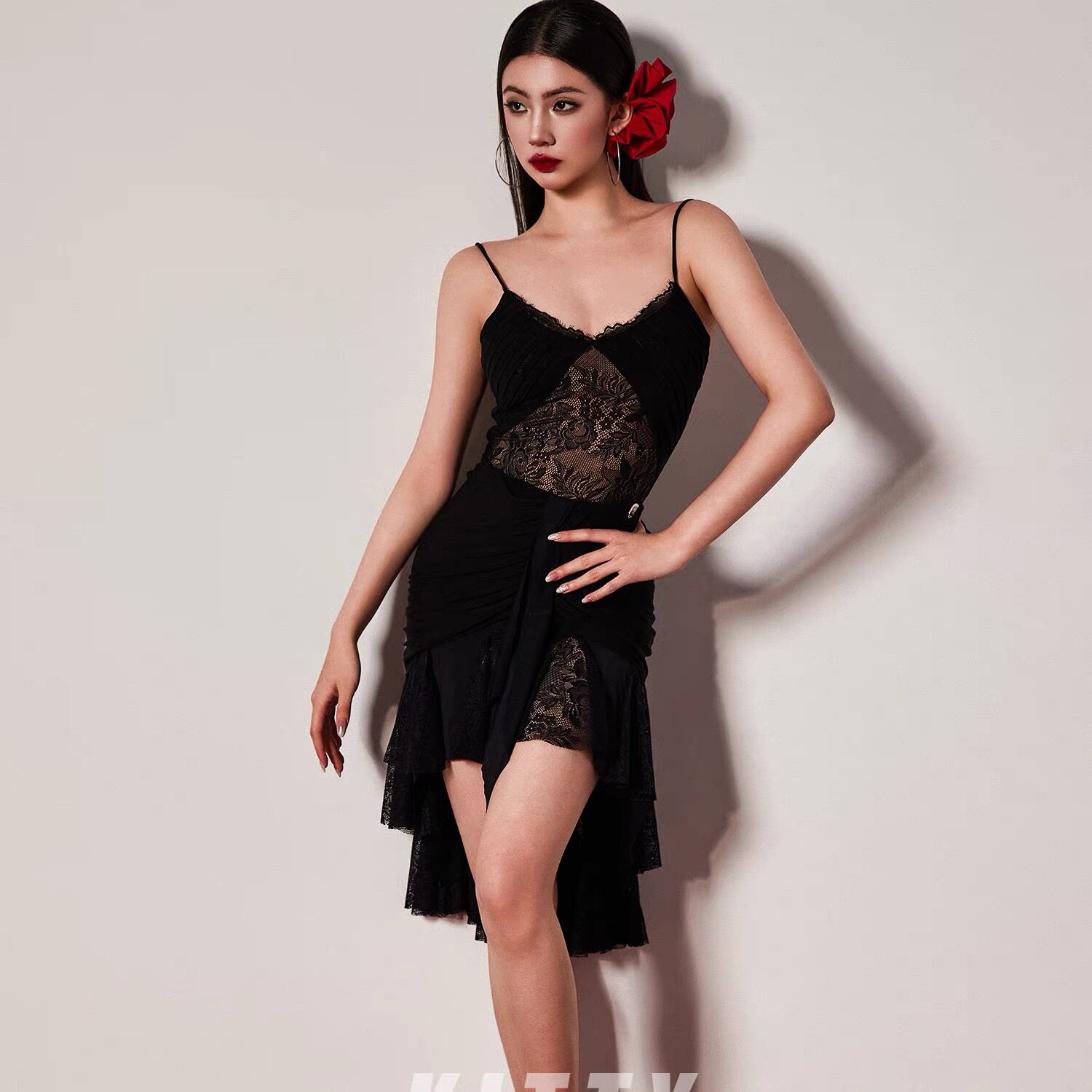 KITTY舞服蕾丝风琴褶拉丁舞套装