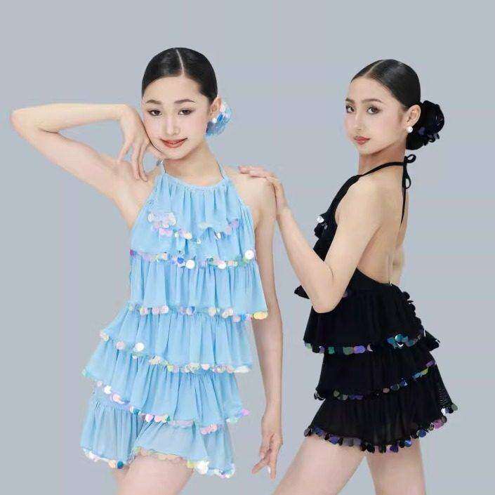 Rdesign少儿拉丁舞服新款挂脖人鱼亮片连衣裙日常百搭分体练功服