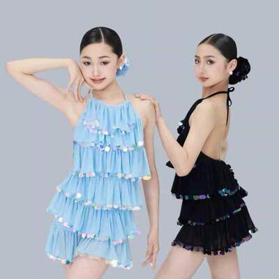 Rdesign少儿拉丁舞服新款挂脖人鱼亮片连衣裙日常百搭分体练功服