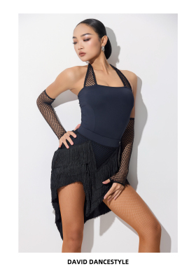 DAVID拉丁舞服女成人网纱挂脖流苏连衣裙专业练功服国标舞训练服