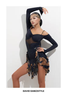 DAVID舞服女士拉丁舞练习服虎纹拼接流苏半身裙网纱长袖连体衣