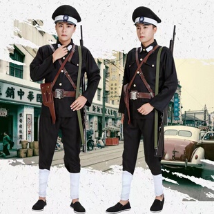 新款六一促销民国二狗子演出服巡捕房伪警察伪军舞台表演服黑色男