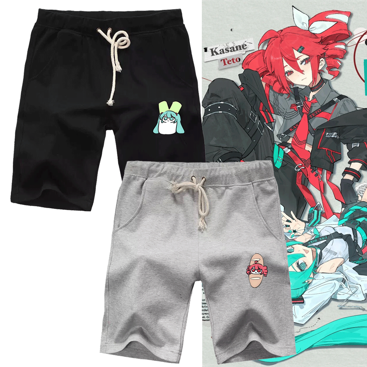 初音联名未来重音Teto卡通动漫Q版二次元男女定制五分运动夏短裤