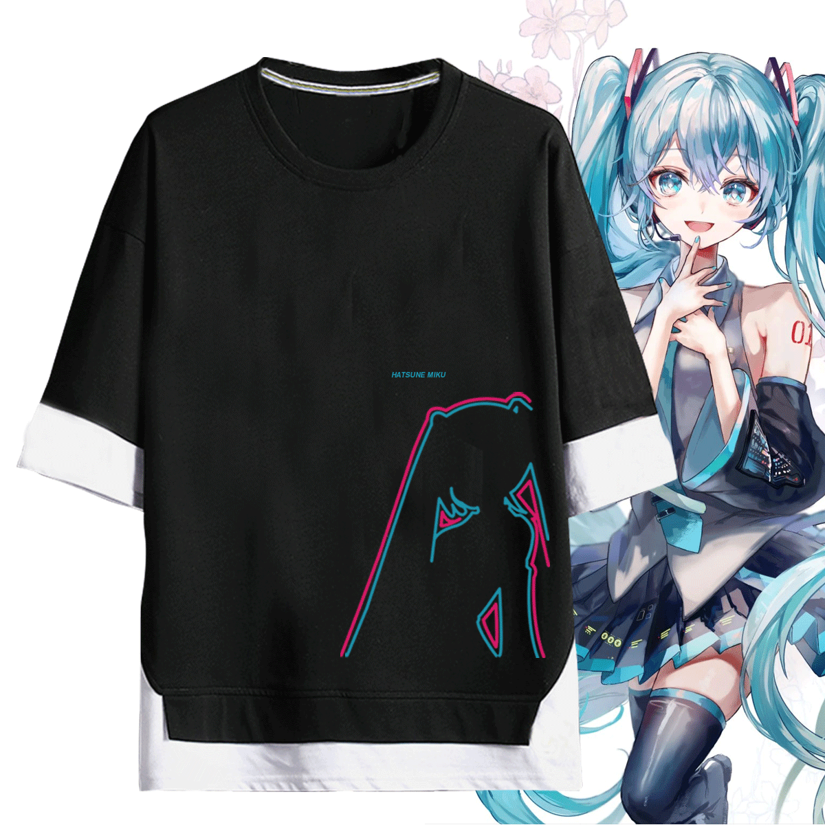 日系初音未来男女情侣可定制miku葱娘联名纯棉夏假两件短袖T恤衫