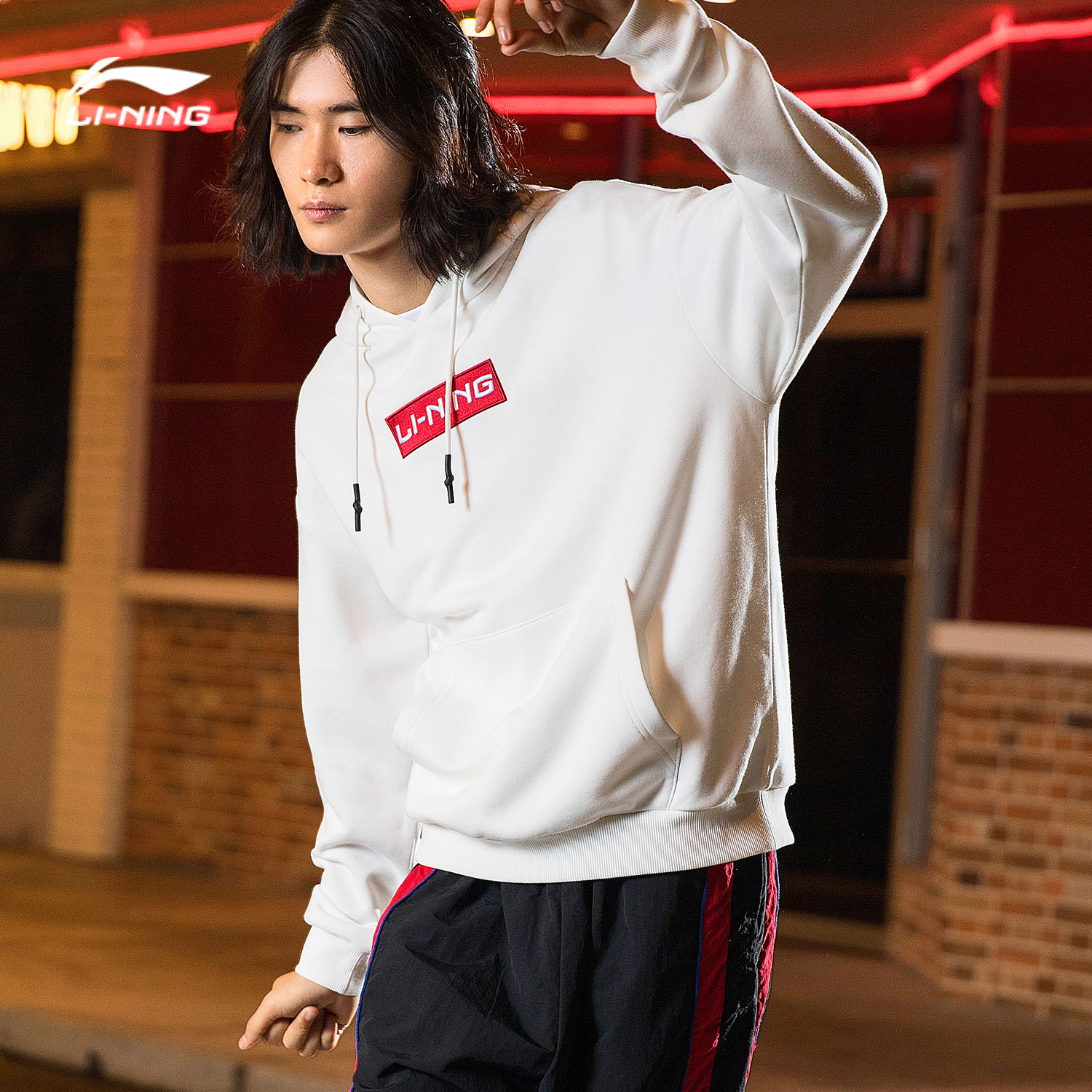 李宁华晨宇同款卫衣男女新款情侣连帽运动薄绒针织套头衫awdqb19