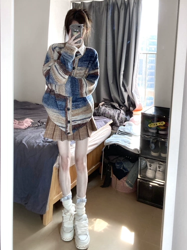 Ретро радужный трикотажный кардиган, свитер, куртка, в американском стиле, градиент, свободный крой, изысканный стиль