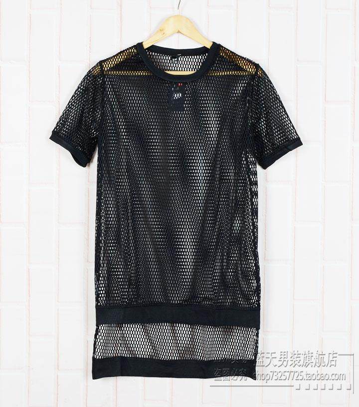 网格短袖t恤男士透视短袖镂空男装纯色短袖t恤中长款网状衣服男装