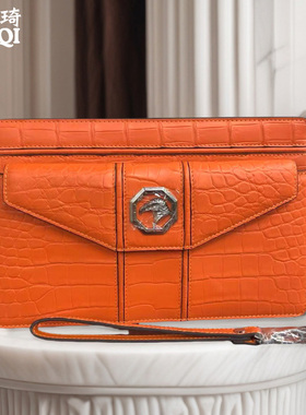 橙色雾面哑光鳄鱼皮手包男式手拿包手挽包商务休闲大容量鹰头夹包