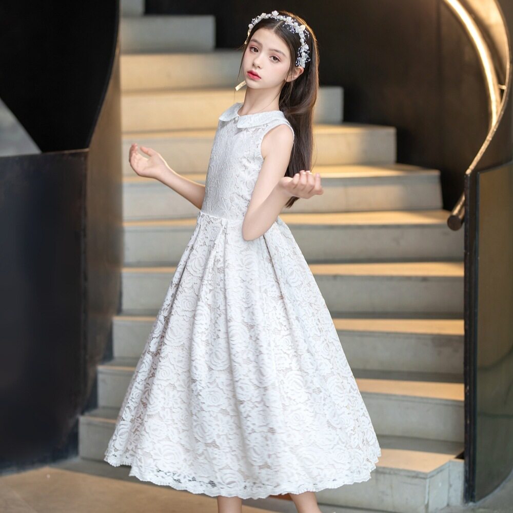 白色蕾丝女童优雅大摆礼服长裙