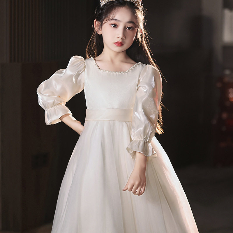 高级感公主风泡泡袖礼服女童香槟色缎面生日演出裙主持人礼服