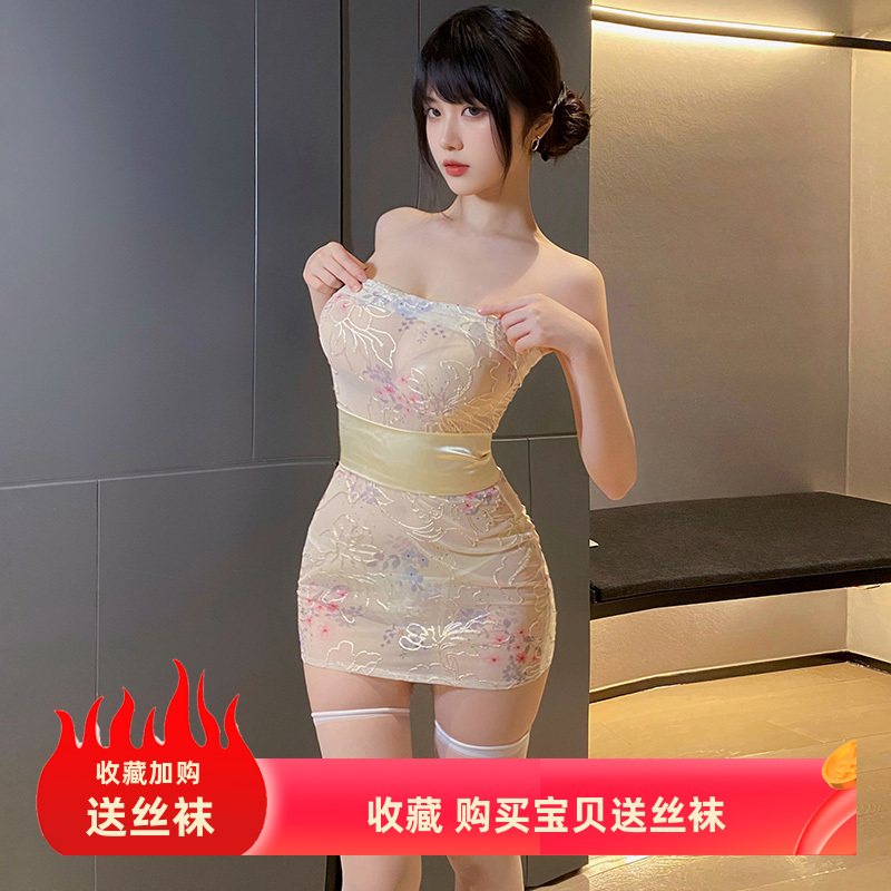 新中式古典雅致抹胸刺绣印花透视和服套装性感包臀连衣裙纯欲制服