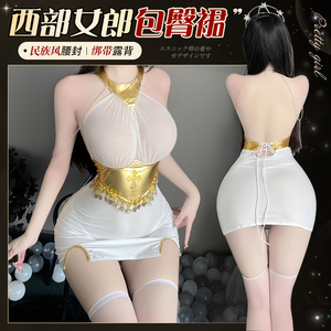 性感柔纱透视古风天使西部女郎包臀短裙宫廷风后绑带连衣裙制服
