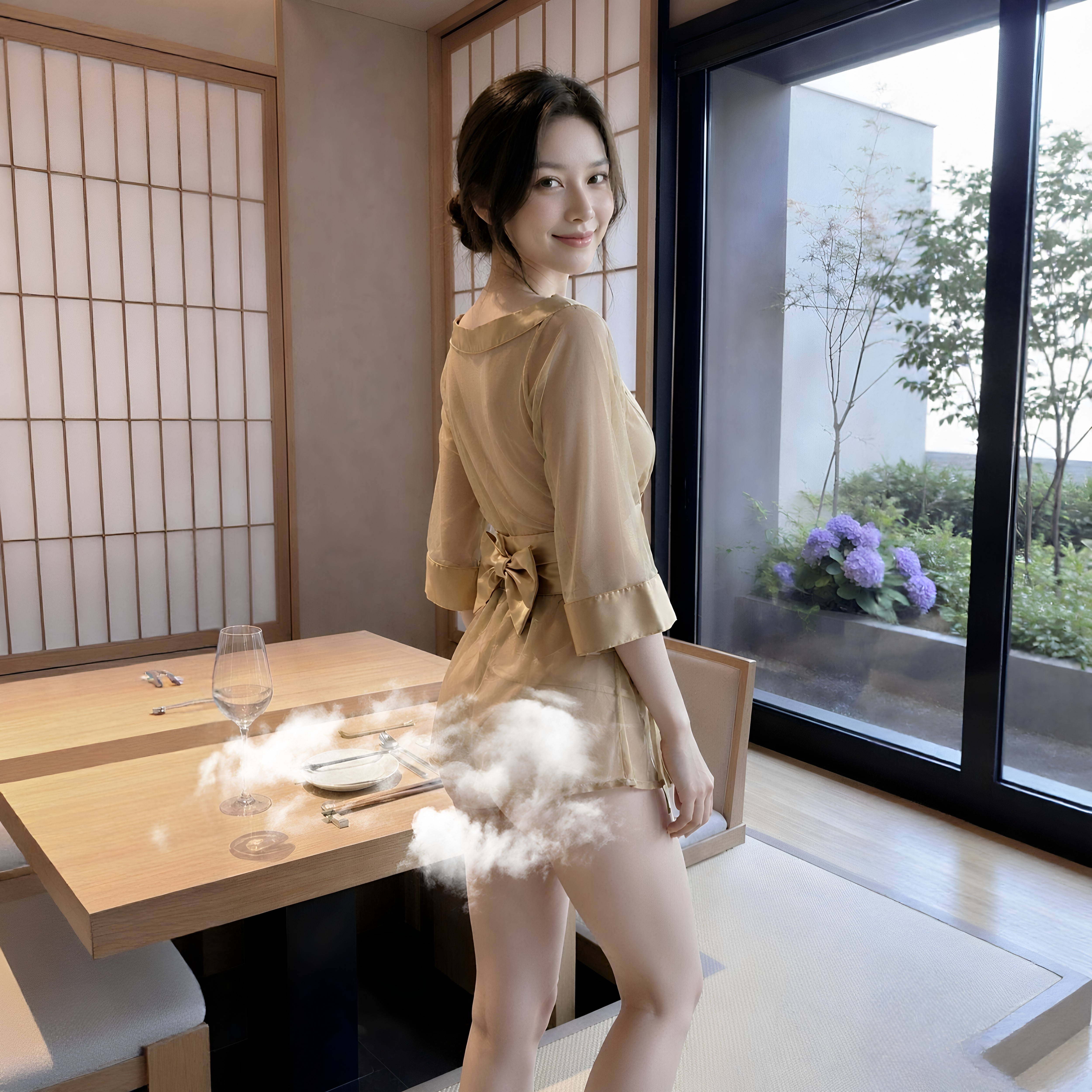 喵仆酱「金莹剔透」日系开襟和服蝴蝶结腰封房写真半透视薄纱浴衣