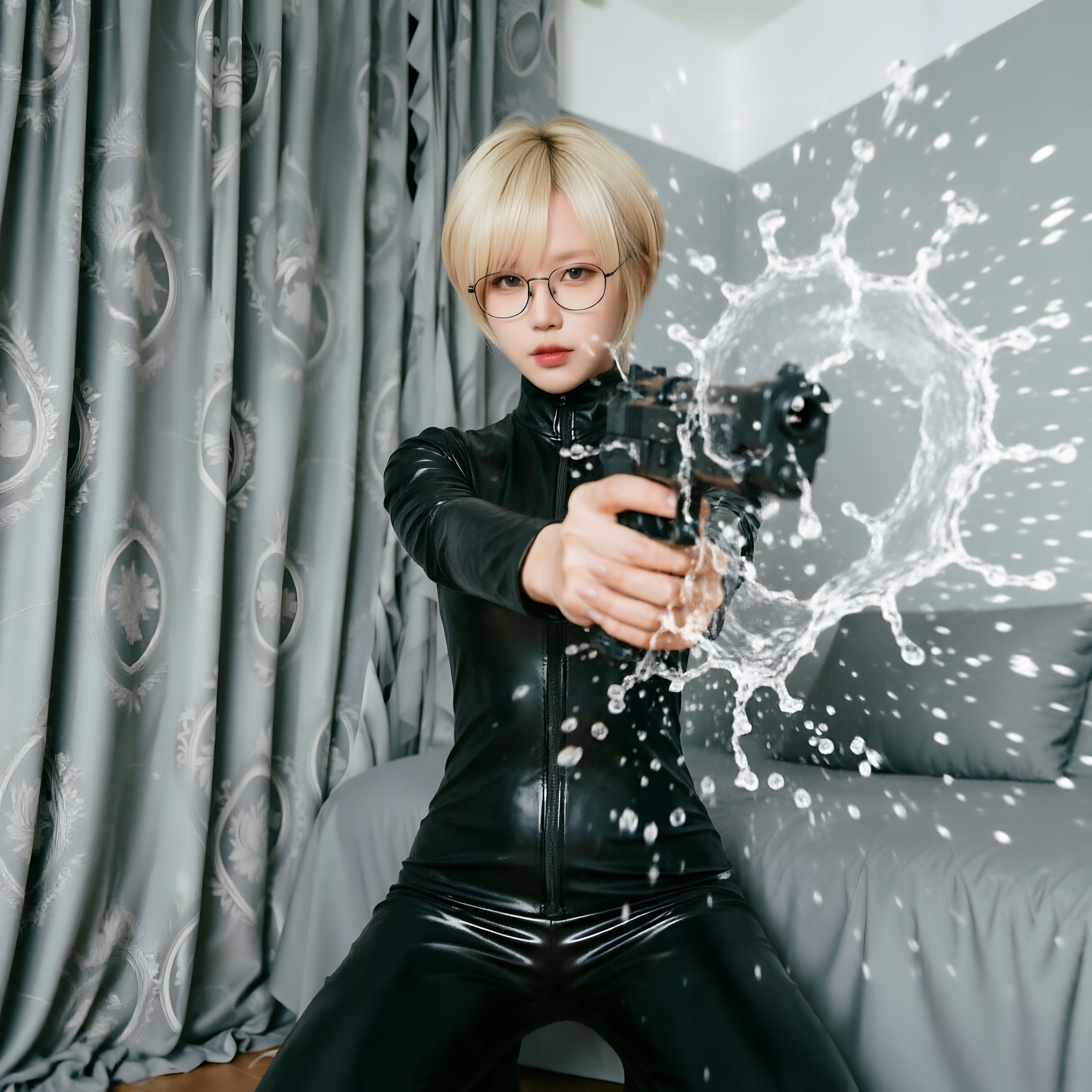 喵仆酱「女搜查官」大码漆皮衣双头拉链开档性感御姐机能风连体衣