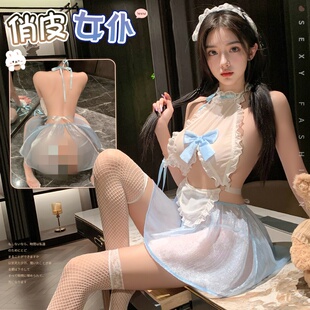原创性感女仆蕾丝花边美背系带挂脖连衣裙细闪透视纱裙后开叉制服