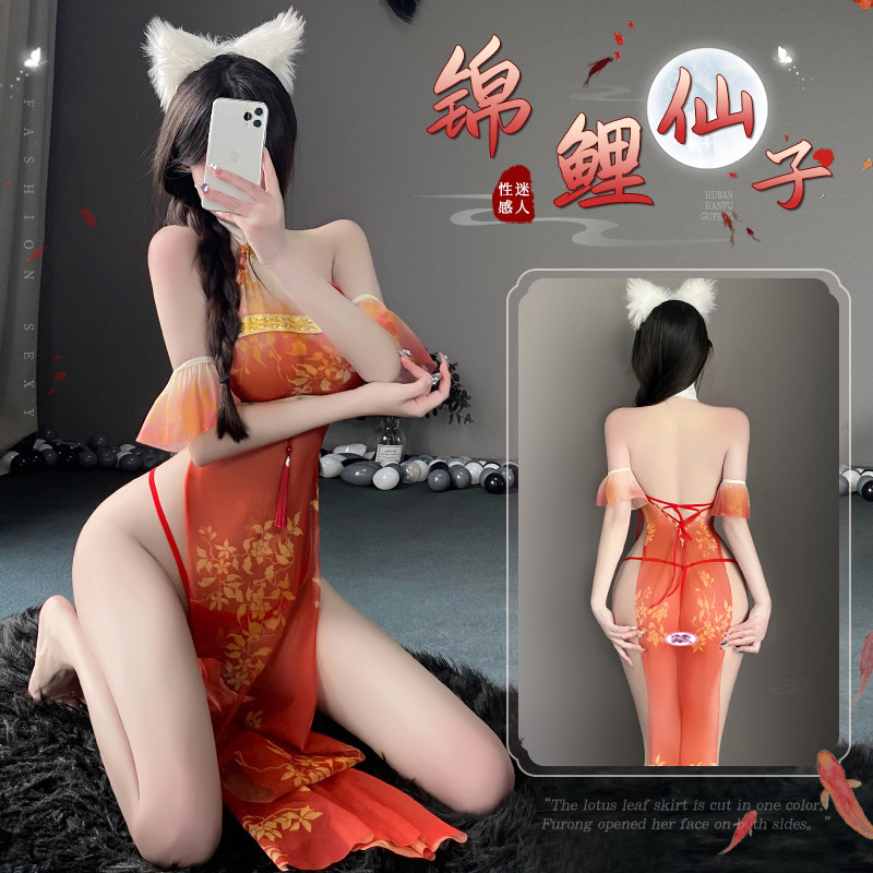 锦鲤女孩性感柔纱透视印花旗袍高开叉鱼尾长裙制服古典纯欲套装