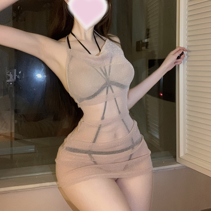 金丝透明细闪连衣裙性感挂脖纯欲吊带睡裙包臀连衣裙情绪连体绳衣
