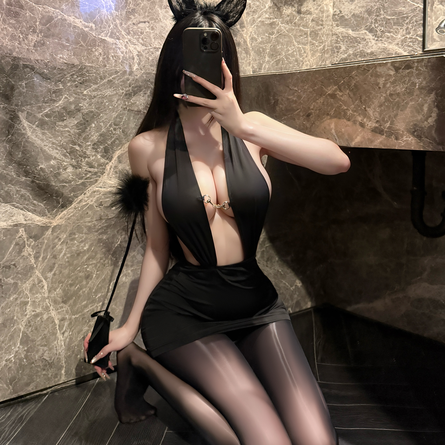 性感镂空系带挂脖紧身包臀裙冷艳御姐夜店制服角色扮演黑秘书套装