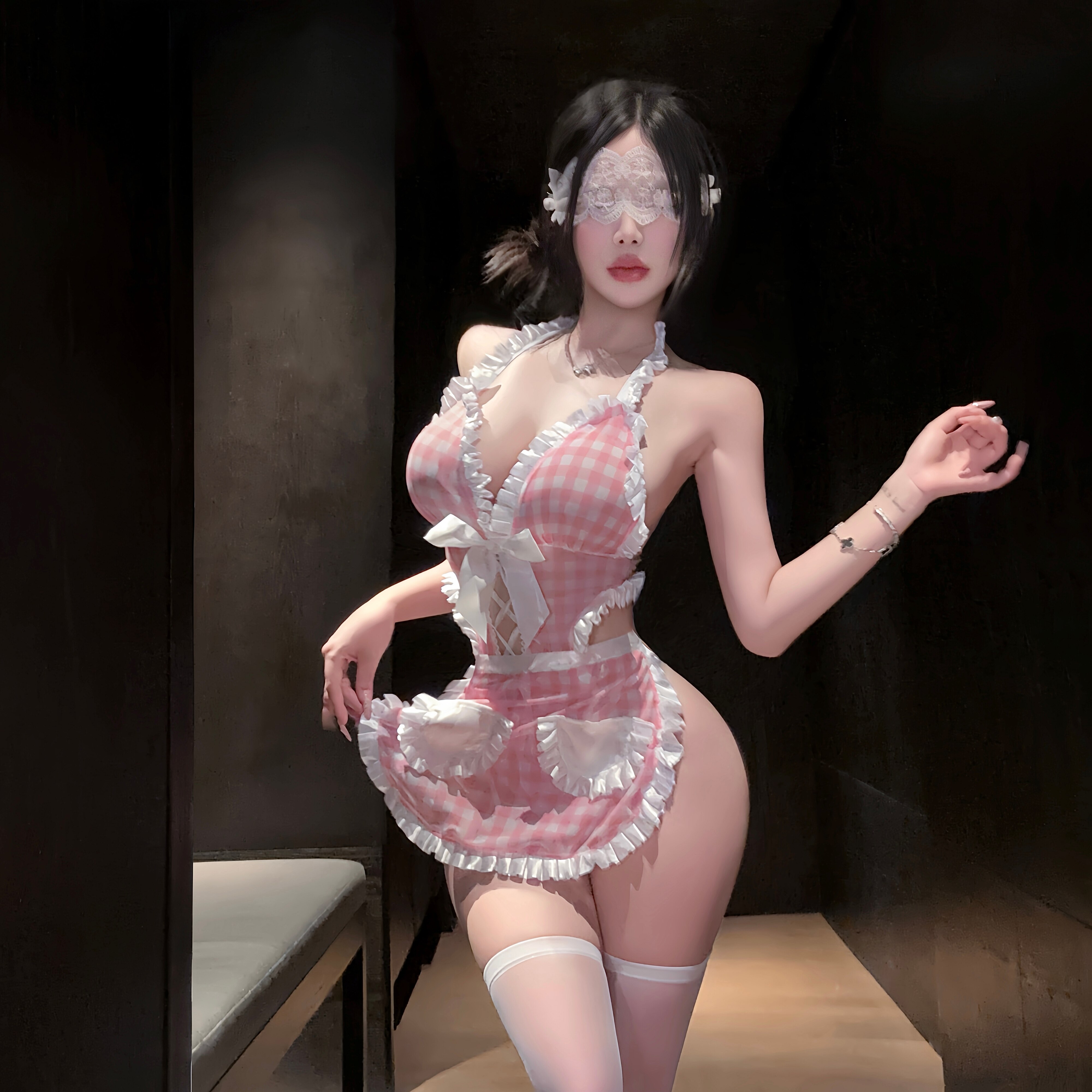 喵仆酱「粉格甜仆」性感女仆围裙制服纯欲诱惑qqny女佣套装免脱衣