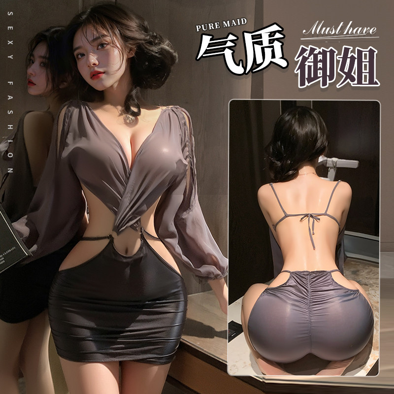 性感深V领口透视侧开露腰女神夜店秘书装主播辣妹制服一体连衣裙