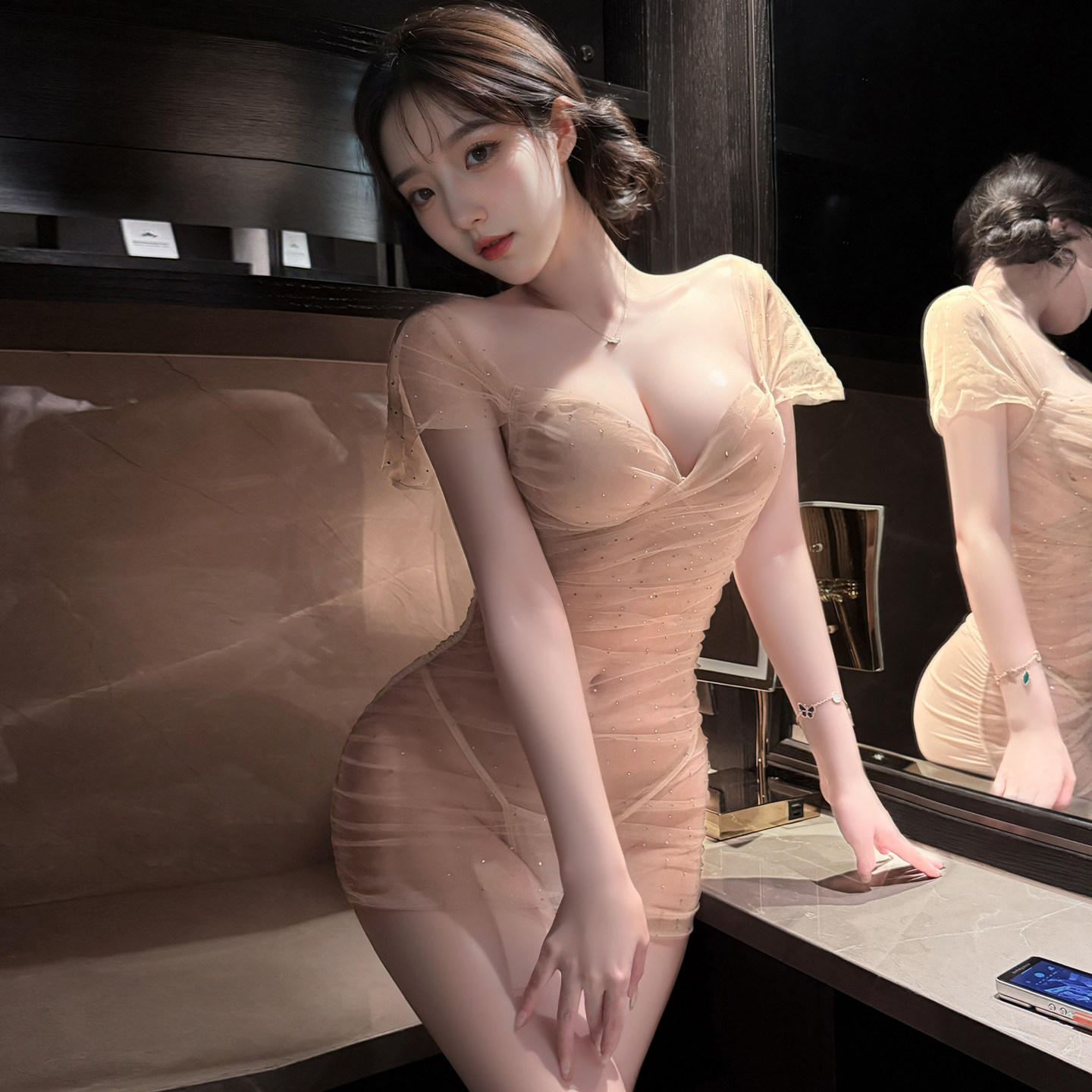 迷欲星河性感透视金色包臀睡裙短裙诱惑深V套装私房大尺度家居服