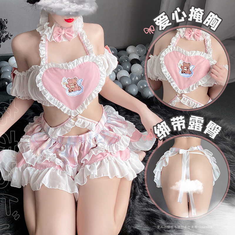 原创少女心粉红女仆制服荷叶边爱心肚兜连衣裙后开衩绑带蓬蓬裙夏