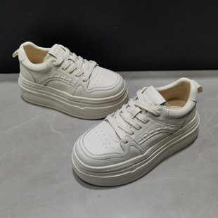 圆头系带板鞋 欣源家韩版 新款 女26春季 百搭增高 真皮7cm厚底小白鞋