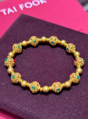 周大福新款国潮古法鎏彩手链足金花丝珠珐琅手串送朋友送家人礼物
