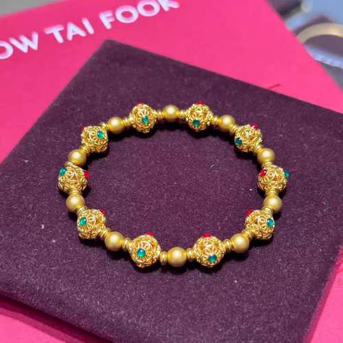 周大福新款国潮古法鎏彩手链足金花丝珠珐琅手串送朋友送家人礼物