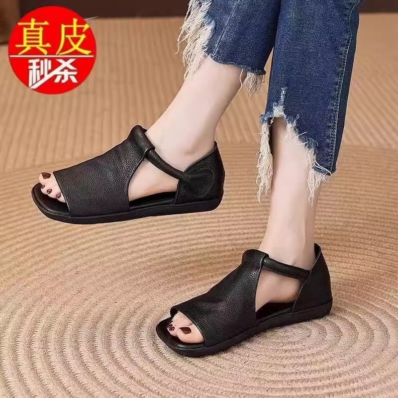 品牌断码真皮罗马凉鞋女2026夏季新款复古文艺平底镂空露趾凉鞋女,女鞋,罗马凉鞋,淘宝优惠券,粉丝福利购,淘宝优惠卷