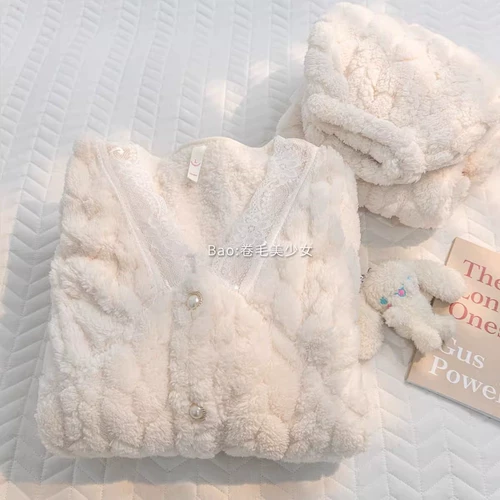 Кардиган, коралловая бархатная демисезонная флисовая пижама, белый комплект, простой и элегантный дизайн, коллекция 2023, популярно в интернете