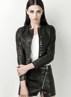 皮匠门 MEN+英国植鞣绵羊皮衣女夹克 短款排扣立领复古LM1006A