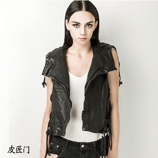 皮匠门 MEN+英国植鞣绵羊皮衣女夹克 修身休闲连帽皮马甲LM1041A