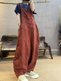 2026春夏高品砂洗亚麻薄款宽松减龄背带裤文艺复古做旧女士休闲裤