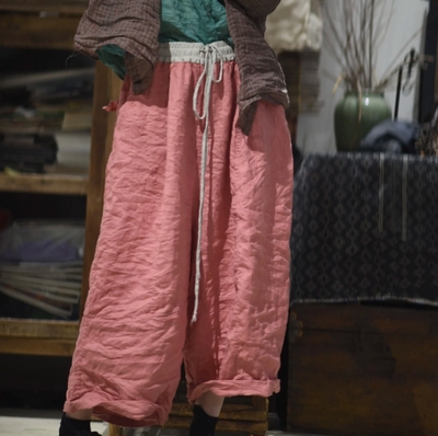 素年未央 纯亚麻撞色抽绳松紧腰休闲裤 宽松阔腿裤八分直筒裤长80