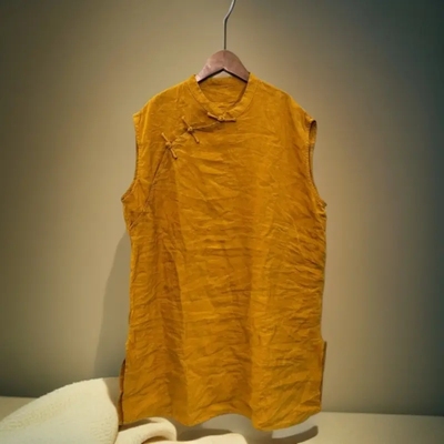 夏季新中式国风包肩砂洗亚麻立领无袖斜襟盘扣中长款上衣麻衫90长