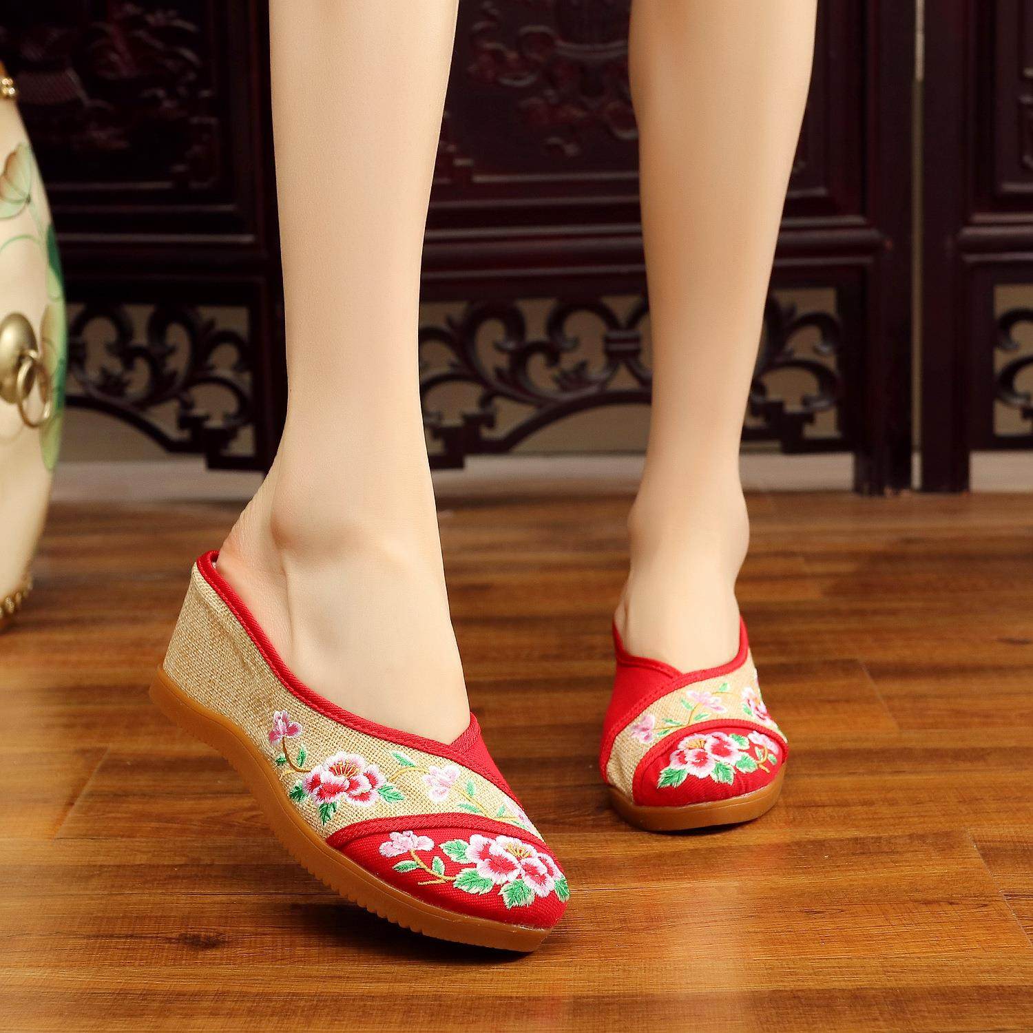 新款亚麻拖鞋帆布老北京绣花布鞋女凉拖高坡跟复古鞋包头民族风,女鞋,包头拖,淘宝优惠券,粉丝福利购,淘宝优惠卷
