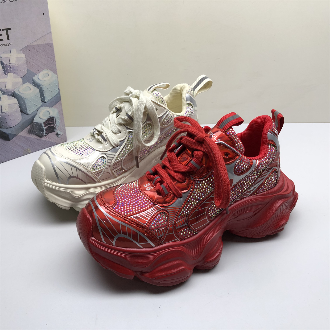 专柜撤柜真皮女鞋亮钻网红街拍超厚底增高老爹鞋女轻便休闲运动鞋