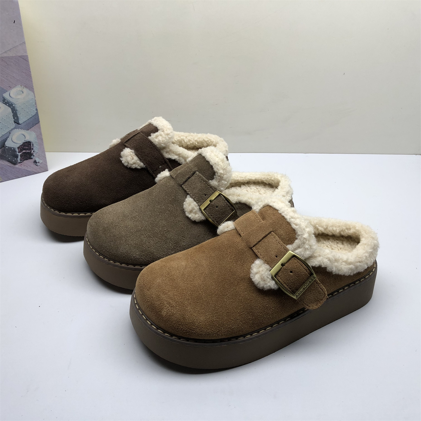 商场撤柜真皮女鞋保暖雪地靴厚底防滑面包半托舒适秋冬加绒毛毛拖