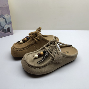 专柜撤柜真皮复古风串珠系带包头拖鞋 女厚底磨砂皮勃肯半托懒人鞋