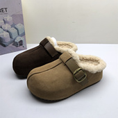 反绒皮包头拖鞋 专柜撤柜在真皮女拖鞋 冬季 女厚底毛绒内里皮带扣