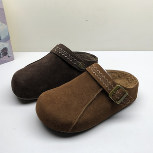 专柜撤柜真皮女包头托鞋女休闲风冬季加绒内增高搭扣懒人勃肯半托