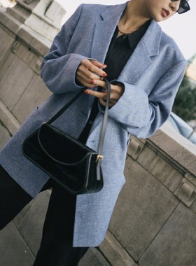 【HSU】savi同款savislook tot蓝紫色亚麻混纺双排扣宽松西装外套