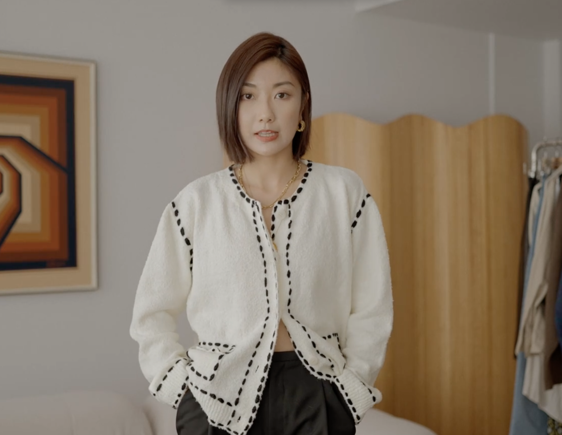 hsu同款复古风明线黑白撞色毛衣