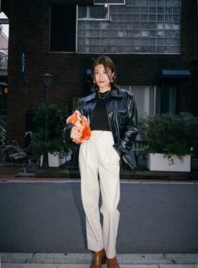 【HSU】savi同款savislook匈牙利小众压褶高腰直筒白色皮裤休闲裤