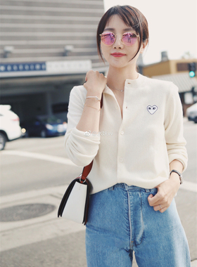 【HSU】水妖同款 贴布白色爱心羊毛针织圆领开衫 情侣款