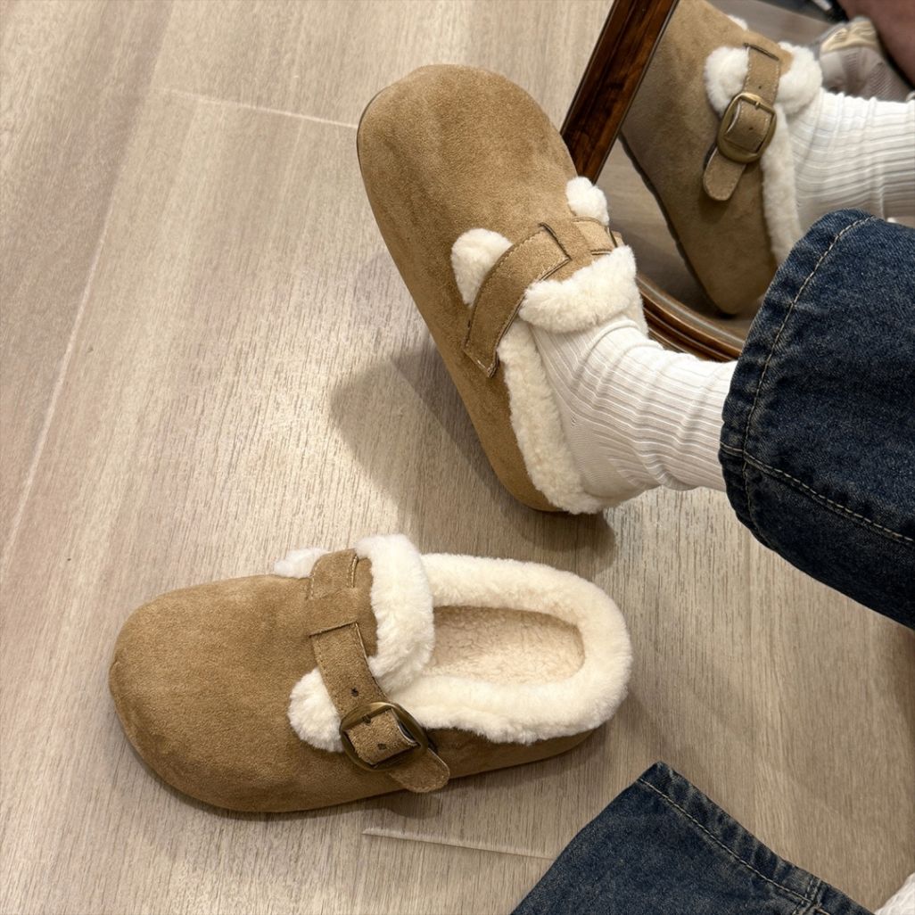 厚底加绒勃肯鞋毛绒包头毛毛棉拖鞋女外穿2025新款冬季雪地靴半拖