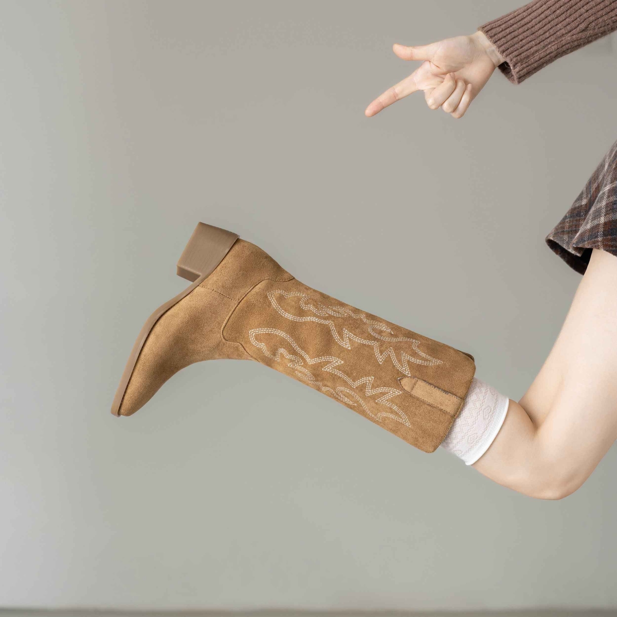 ~美拉德长靴女2025秋冬新款堆堆靴粗跟西部女靴子高跟骑士靴