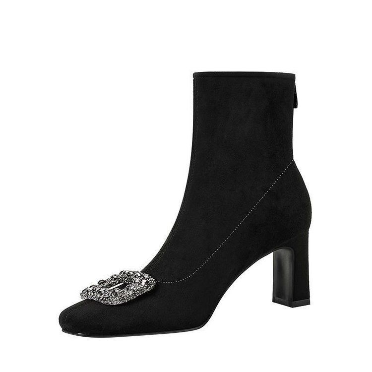 黑色高跟鞋女2025新款秋季细跟百搭职业水钻绒面不累脚尖头单鞋女